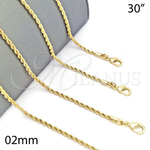 Gargantilla Basica 5.222.036.30 Oro Laminado, Diseño de Rope, Pulido, Tono Dorado (02 MM Thickness, 30 Inches Length)