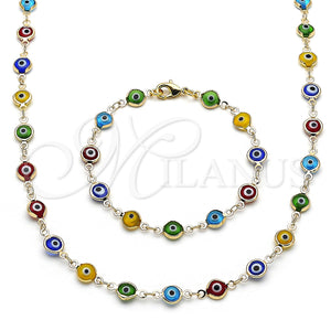Collar y Pulsera 06.63.0008.1 Oro Laminado, Diseño de Ojo Griego, Resinado Multicolor, Tono Dorado