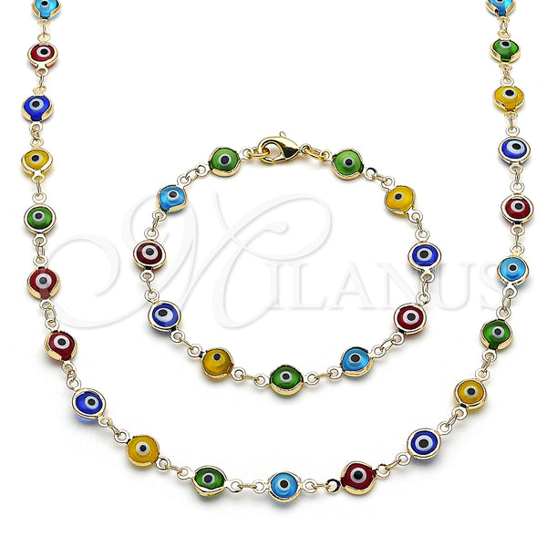 Collar y Pulsera 06.63.0008.1 Oro Laminado, Diseño de Ojo Griego, Resinado Multicolor, Tono Dorado