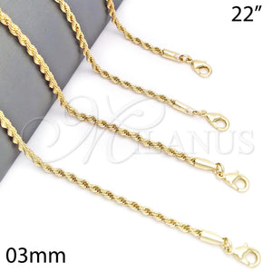 Gargantilla Basica 5.222.035.22 Oro Laminado, Diseño de Rope y Torcido, Pulido, Tono Dorado (03 MM Thickness, 22 Inches Length)