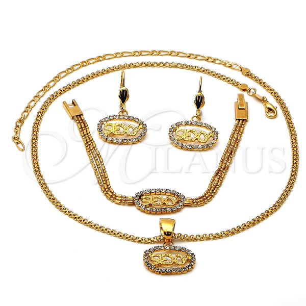 Collar, Pulsera y Dije 17.004 Oro Laminado, con Blanca Zirconia Cubica, Pulido, Tono Dorado