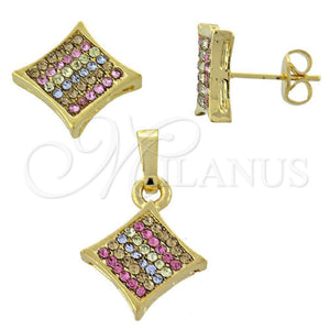 Juego de Arete y Dije de Adulto 10.164.0017.1 Oro Laminado, con Multicolor Cristal, Pulido, Tono Dorado