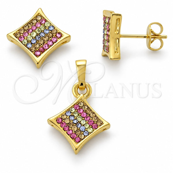 Juego de Arete y Dije de Adulto 10.164.0017.1 Oro Laminado, con Multicolor Cristal, Pulido, Tono Dorado