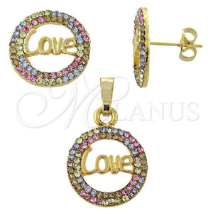 Juego de Arete y Dije de Adulto 10.164.0002.1 Oro Laminado, Diseño de Amor, con Multicolor Cristal, Pulido, Tono Dorado