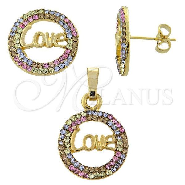 Juego de Arete y Dije de Adulto 10.164.0002.1 Oro Laminado, Diseño de Amor, con Multicolor Cristal, Pulido, Tono Dorado