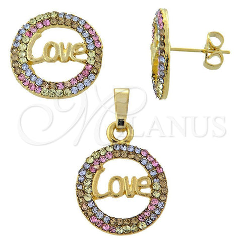 Juego de Arete y Dije de Adulto 10.164.0002.1 Oro Laminado, Diseño de Amor, con Multicolor Cristal, Pulido, Tono Dorado
