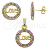 Juego de Arete y Dije de Adulto 10.164.0002.1 Oro Laminado, Diseño de Amor, con Multicolor Cristal, Pulido, Tono Dorado