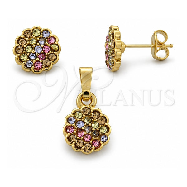 Juego de Arete y Dije de Adulto 10.164.0022.1 Oro Laminado, Diseño de Flor, con Multicolor Cristal, Pulido, Tono Dorado