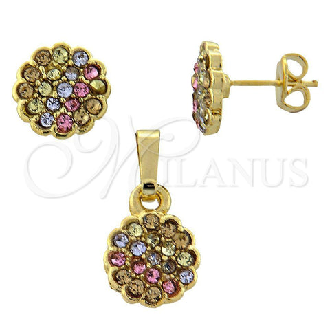 Juego de Arete y Dije de Adulto 10.164.0022.1 Oro Laminado, Diseño de Flor, con Multicolor Cristal, Pulido, Tono Dorado