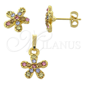 Juego de Arete y Dije de Adulto 10.164.0025.1 Oro Laminado, Diseño de Flor, con Multicolor Cristal, Pulido, Tono Dorado