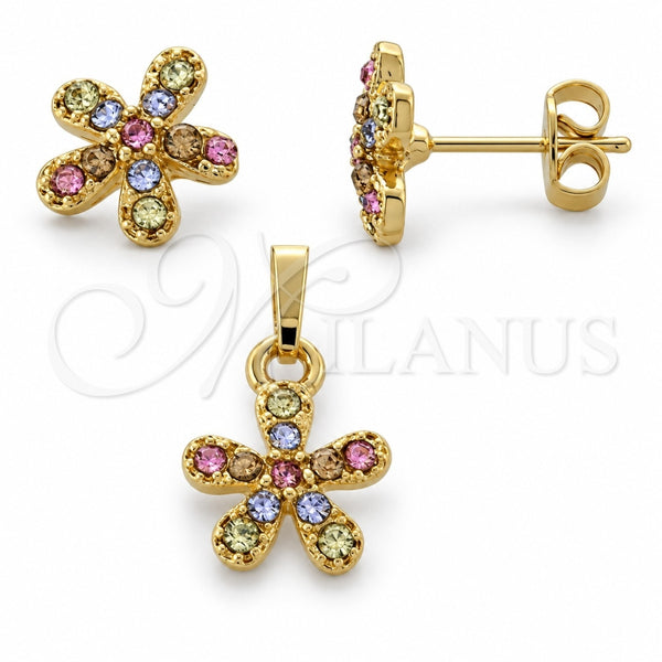 Juego de Arete y Dije de Adulto 10.164.0025.1 Oro Laminado, Diseño de Flor, con Multicolor Cristal, Pulido, Tono Dorado