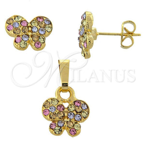 Juego de Arete y Dije de Adulto 10.164.0029.1 Oro Laminado, Diseño de Mariposa, con Multicolor Cristal, Pulido, Tono Dorado