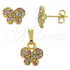 Juego de Arete y Dije de Adulto 10.164.0029.1 Oro Laminado, Diseño de Mariposa, con Multicolor Cristal, Pulido, Tono Dorado