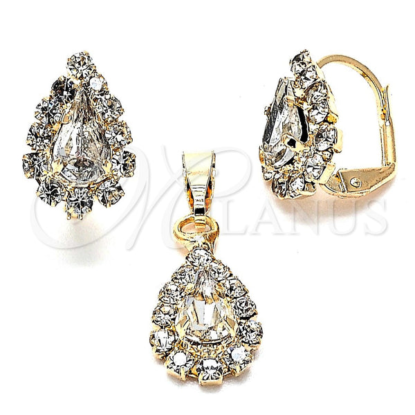 Juego de Arete y Dije de Adulto 10.122.0002 Oro Laminado, Diseño de Gota y Gota, con Blanca Zirconia Cubica, Pulido, Tono Dorado