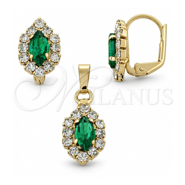 Juego de Arete y Dije de Adulto 10.122.0003.3 Oro Laminado, con Zirconia Cubica Esmeralda y Blanca, Pulido, Tono Dorado