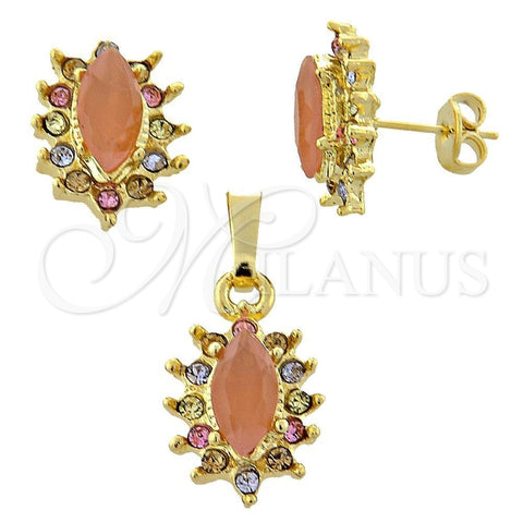 Juego de Arete y Dije de Adulto 10.164.0013.3 Oro Laminado, con Chanpan Oscuro Opal and Multicolor Cristal, Pulido, Tono Dorado