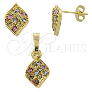 Juego de Arete y Dije de Adulto 10.164.0028.1 Oro Laminado, Diseño de Oja, con Multicolor Cristal, Pulido, Tono Dorado