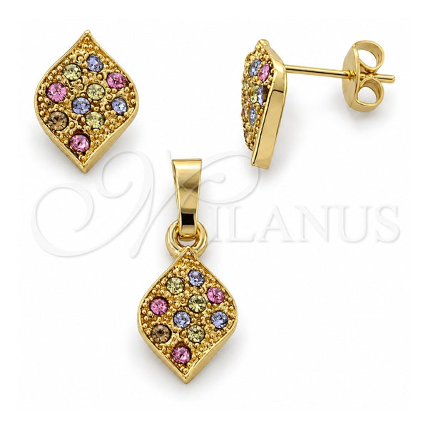 Juego de Arete y Dije de Adulto 10.164.0028.1 Oro Laminado, Diseño de Oja, con Multicolor Cristal, Pulido, Tono Dorado