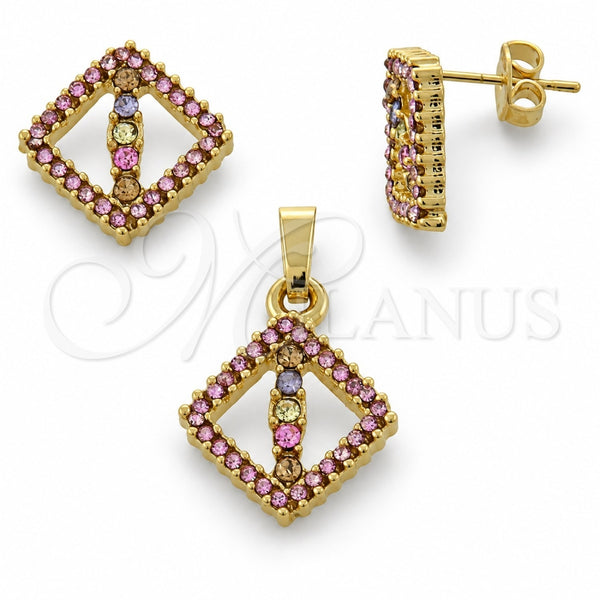 Juego de Arete y Dije de Adulto 10.164.0011.1 Oro Laminado, con Multicolor Cristal, Pulido, Tono Dorado
