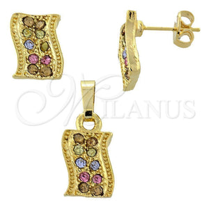 Juego de Arete y Dije de Adulto 10.164.0023.1 Oro Laminado, con Multicolor Cristal, Pulido, Tono Dorado