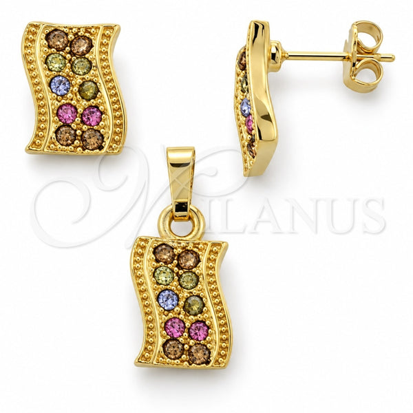 Juego de Arete y Dije de Adulto 10.164.0023.1 Oro Laminado, con Multicolor Cristal, Pulido, Tono Dorado