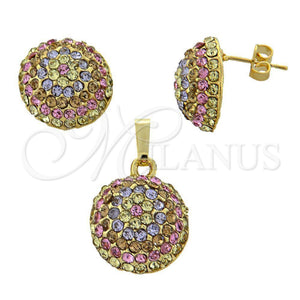 Juego de Arete y Dije de Adulto 10.164.0003.1 Oro Laminado, Diseño de Bola, con Multicolor Cristal, Pulido, Tono Dorado