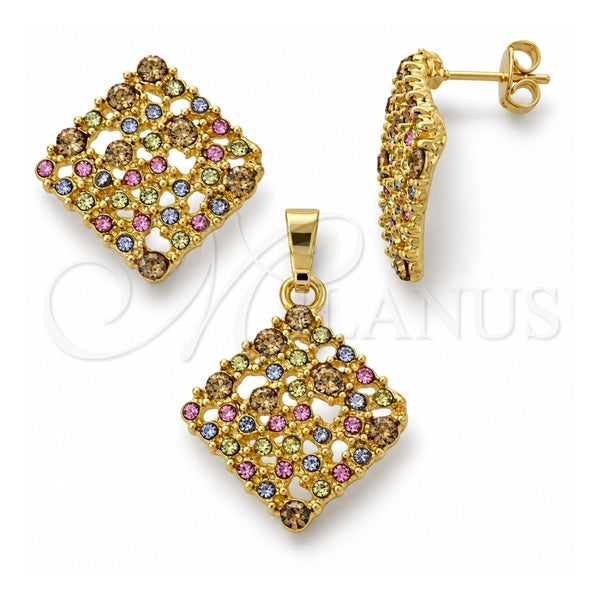 Juego de Arete y Dije de Adulto 10.164.0001.1 Oro Laminado, con Multicolor Cristal, Mate, Tono Dorado