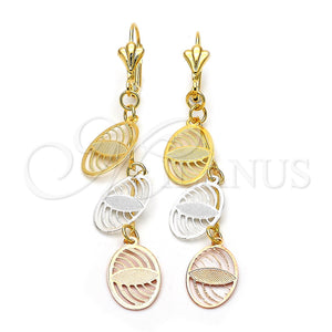 Arete Largo 84.011 Oro Laminado, Diseño de Oja, Pulido, Tres Tonos