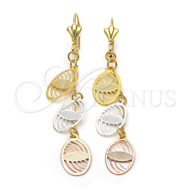 Arete Largo 84.011 Oro Laminado, Diseño de Oja, Pulido, Tres Tonos