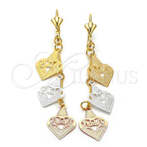 Arete Largo 85.003 Oro Laminado, Diseño de Corazón, Diamantado, Tres Tonos