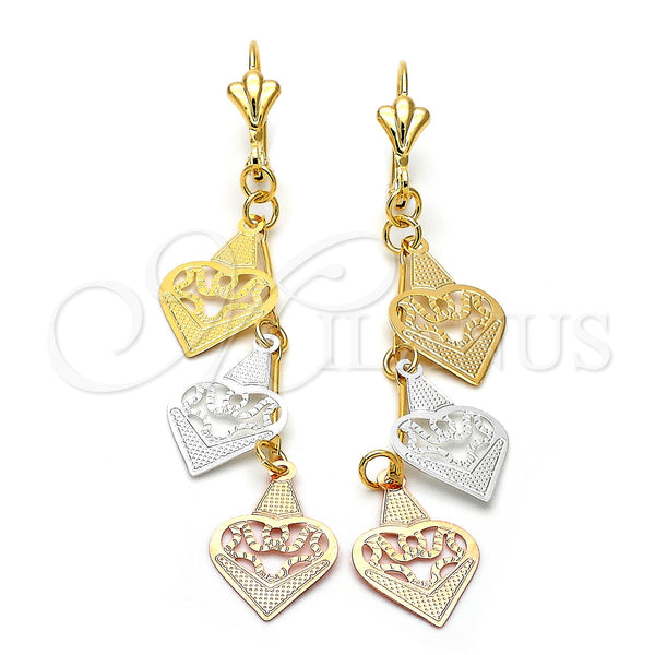 Arete Largo 85.003 Oro Laminado, Diseño de Corazón, Diamantado, Tres Tonos