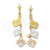 Arete Largo 85.003 Oro Laminado, Diseño de Corazón, Diamantado, Tres Tonos