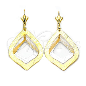 Arete Largo 72.004 Oro Laminado, Diseño de Gota, Cepillado, Tres Tonos