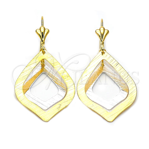 Arete Largo 72.004 Oro Laminado, Diseño de Gota, Cepillado, Tres Tonos
