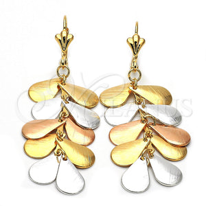 Arete Largo 77.005 Oro Laminado, Diseño de Gota, Cepillado, Tres Tonos
