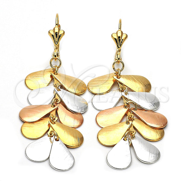 Arete Largo 77.005 Oro Laminado, Diseño de Gota, Cepillado, Tres Tonos