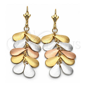 Arete Largo 77.005 Oro Laminado, Diseño de Gota, Cepillado, Tres Tonos