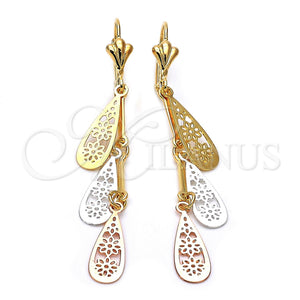 Arete Largo 73.005 Oro Laminado, Diseño de Gota y Flor, Pulido, Tres Tonos