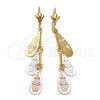 Arete Largo 73.005 Oro Laminado, Diseño de Gota y Flor, Pulido, Tres Tonos