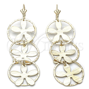 Arete Largo 68.008 Oro Laminado, Diseño de Flor, Pulido, Tono Dorado