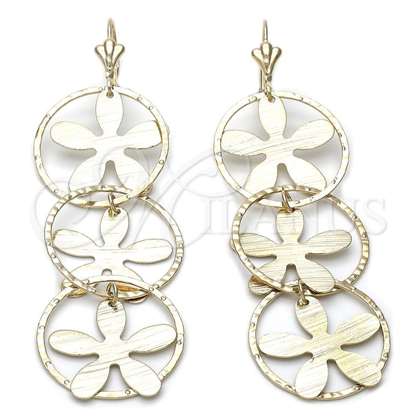 Arete Largo 68.008 Oro Laminado, Diseño de Flor, Pulido, Tono Dorado