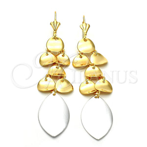 Arete Largo 77.009 Oro Laminado, Diseño de Oja, Pulido, Tres Tonos