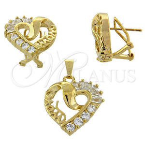 Juego de Arete y Dije de Adulto 5.054.001 Oro Laminado, Diseño de Corazón, con Blanca Zirconia Cubica, Pulido, Tono Dorado