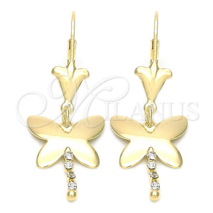 Arete Largo 72.007 Oro Laminado, Diseño de Mariposa, con Blanca Zirconia Cubica, Pulido, Tono Dorado