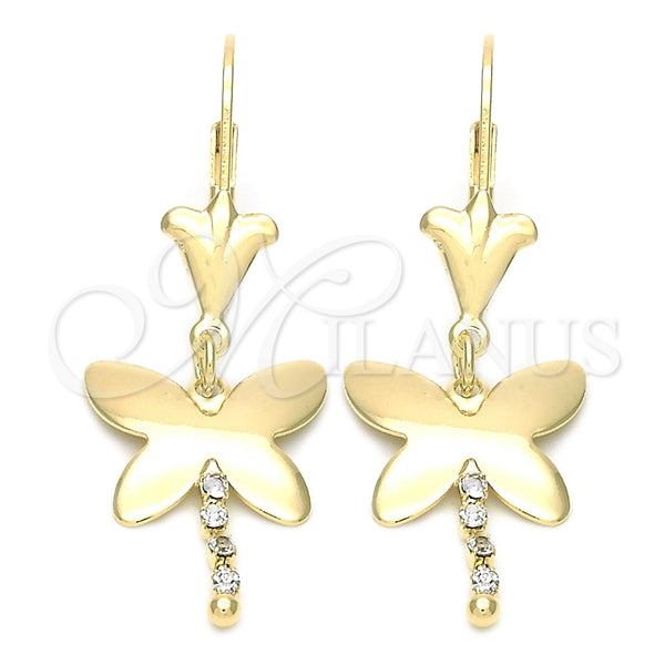 Arete Largo 72.007 Oro Laminado, Diseño de Mariposa, con Blanca Zirconia Cubica, Pulido, Tono Dorado