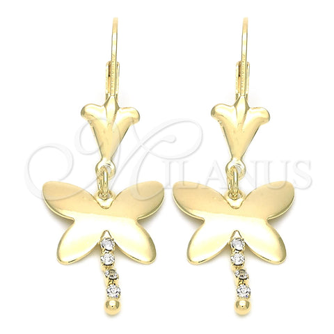 Arete Largo 72.007 Oro Laminado, Diseño de Mariposa, con Blanca Zirconia Cubica, Pulido, Tono Dorado