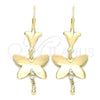 Arete Largo 72.007 Oro Laminado, Diseño de Mariposa, con Blanca Zirconia Cubica, Pulido, Tono Dorado