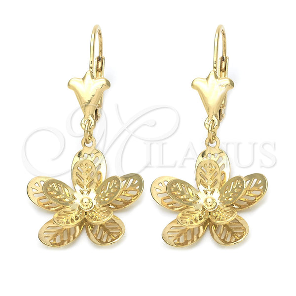 Arete Colgante 89.014 Oro Laminado, Diseño de Flor, Pulido, Tono Dorado