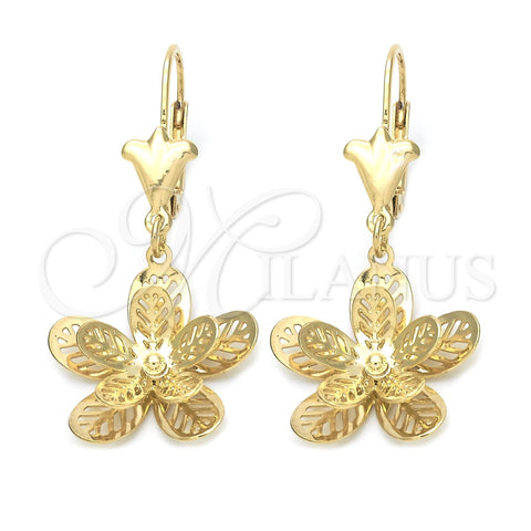 Arete Colgante 89.014 Oro Laminado, Diseño de Flor, Pulido, Tono Dorado