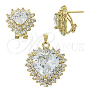 Juego de Arete y Dije de Adulto 5.055.003 Oro Laminado, Diseño de Corazón, con Blanca Zirconia Cubica, Pulido, Tono Dorado